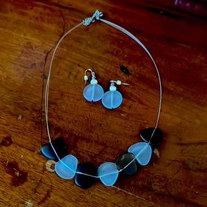 Brown and blue sea glass necklace and earring set.